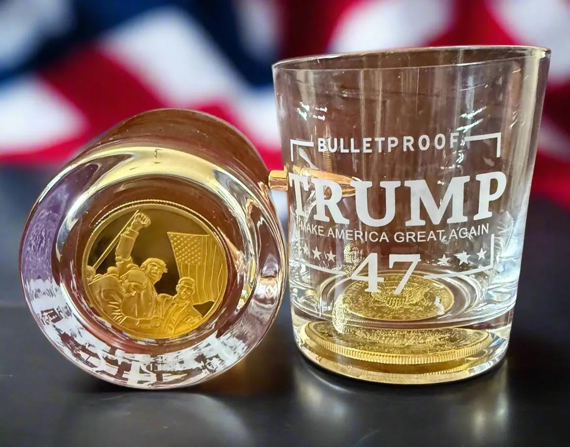 Limited Edition Luxury Rare 2 in 1 President Trump Memorabilia Coin and Bullet Embedded Whiskey Glass