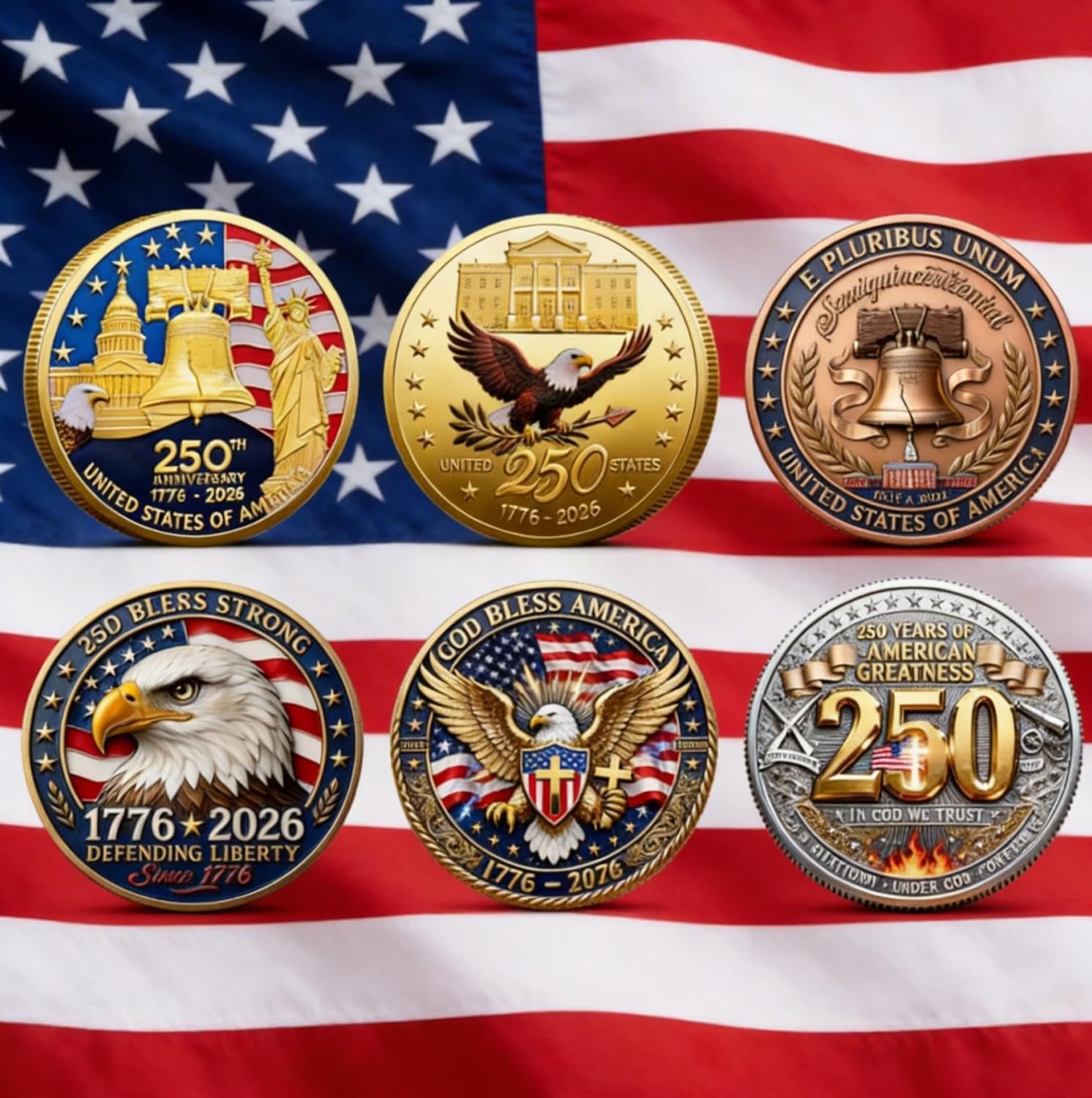 3 Pcs 250Th Anniversary Coin Set God Bless America Collectible 250 Year Merchandise Patriotic Commemorative Coin 1776-2026 Independence Day Freedom and Faith Keepsake 4Th of July Gift