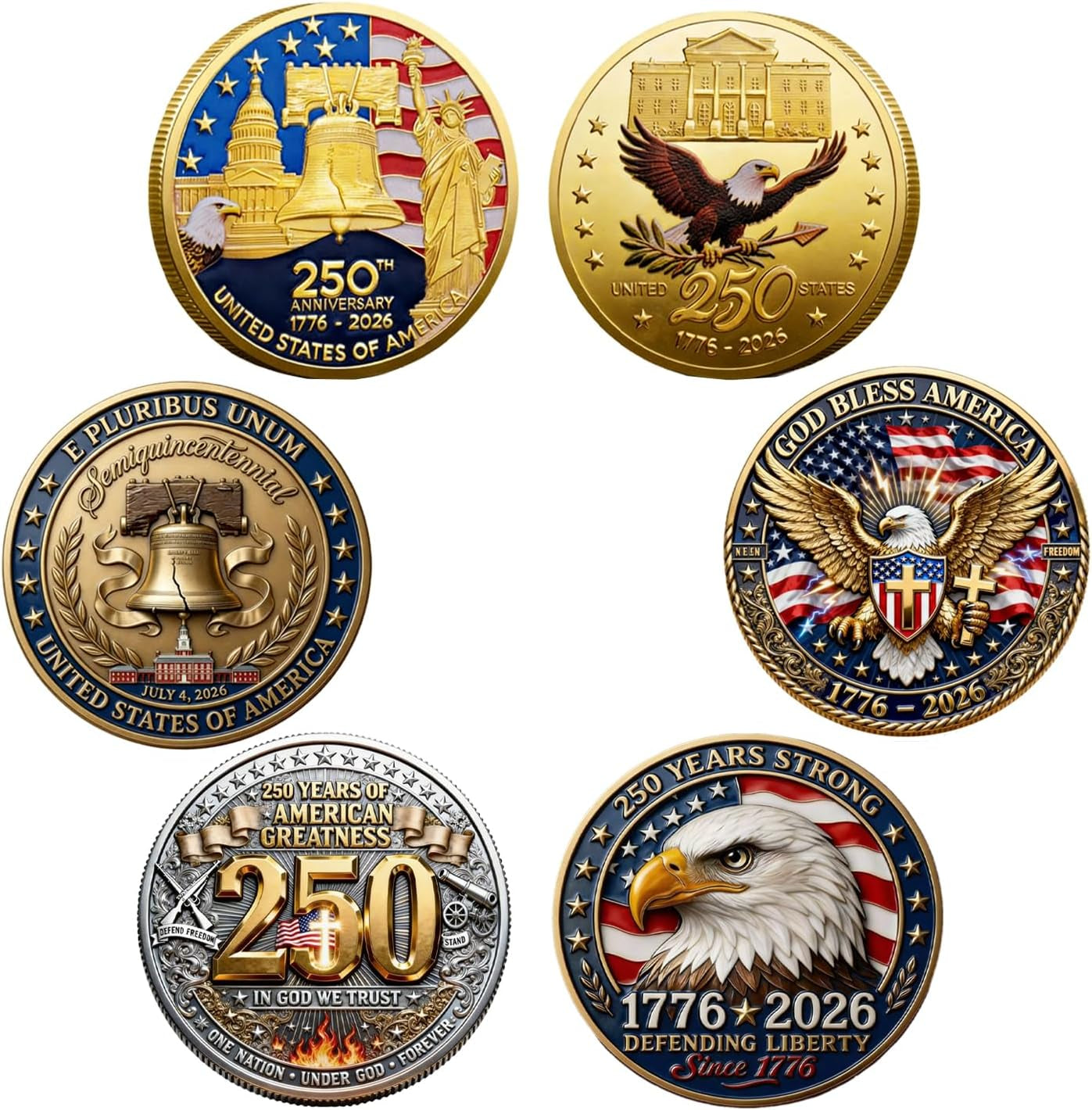 3 Pcs 250Th Anniversary Coin Set God Bless America Collectible 250 Year Merchandise Patriotic Commemorative Coin 1776-2026 Independence Day Freedom and Faith Keepsake 4Th of July Gift