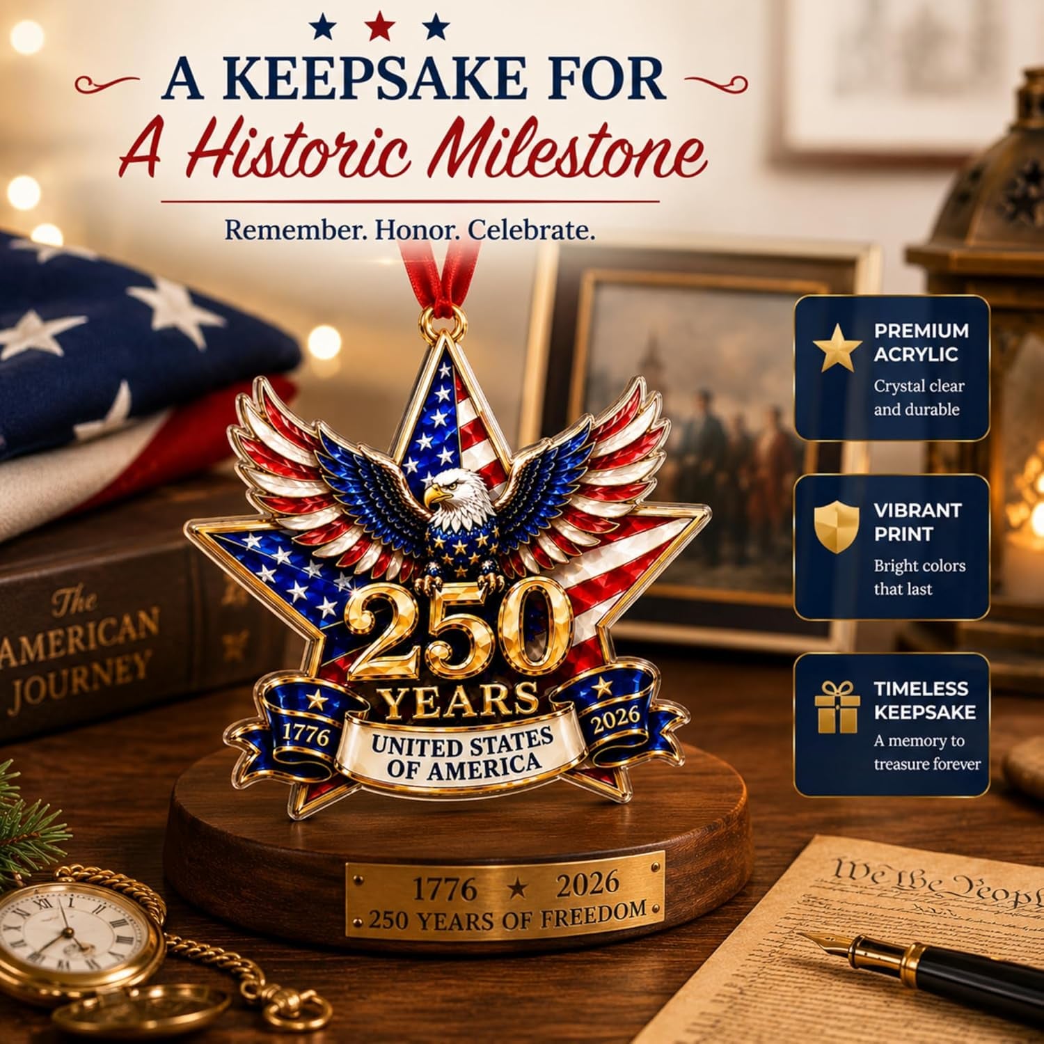 250 Anniversary USA Ornament, 2D Acrylic America 250 Merchandise, America 250Th Anniversary Christmas Ornament, Fourth of July Decorations, Patriotic Decor, America 250Th Birthday Gifts