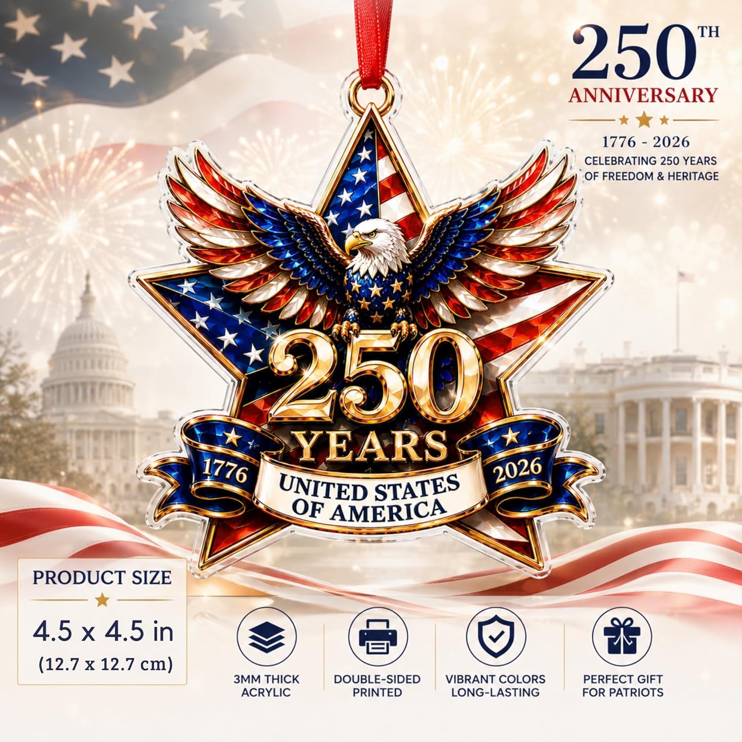 250 Anniversary USA Ornament, 2D Acrylic America 250 Merchandise, America 250Th Anniversary Christmas Ornament, Fourth of July Decorations, Patriotic Decor, America 250Th Birthday Gifts