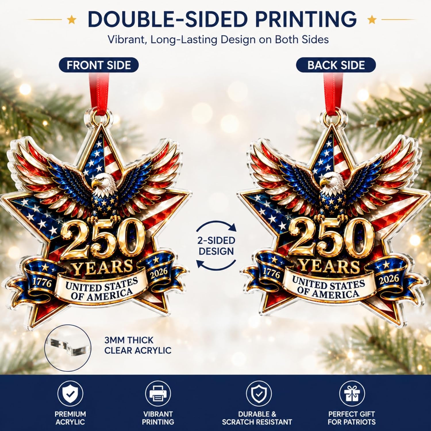 250 Anniversary USA Ornament, 2D Acrylic America 250 Merchandise, America 250Th Anniversary Christmas Ornament, Fourth of July Decorations, Patriotic Decor, America 250Th Birthday Gifts