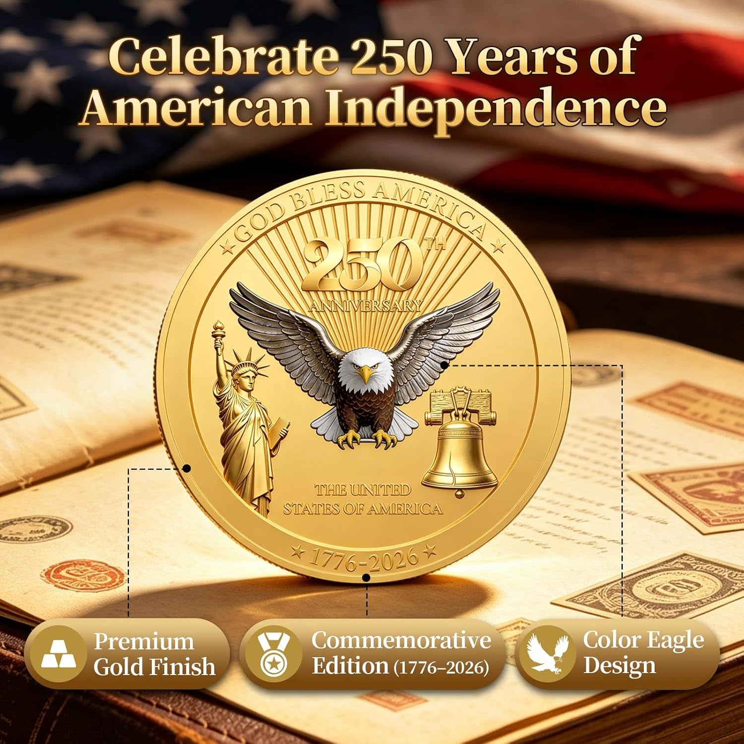 250 Anniversary Coin America 250 Anniversary USA Merchandise 1776-2026 Coins 250Th Commemorative Coin 250 Years of Freedom Challenge Coins Ideal Collectible, 1 Pc