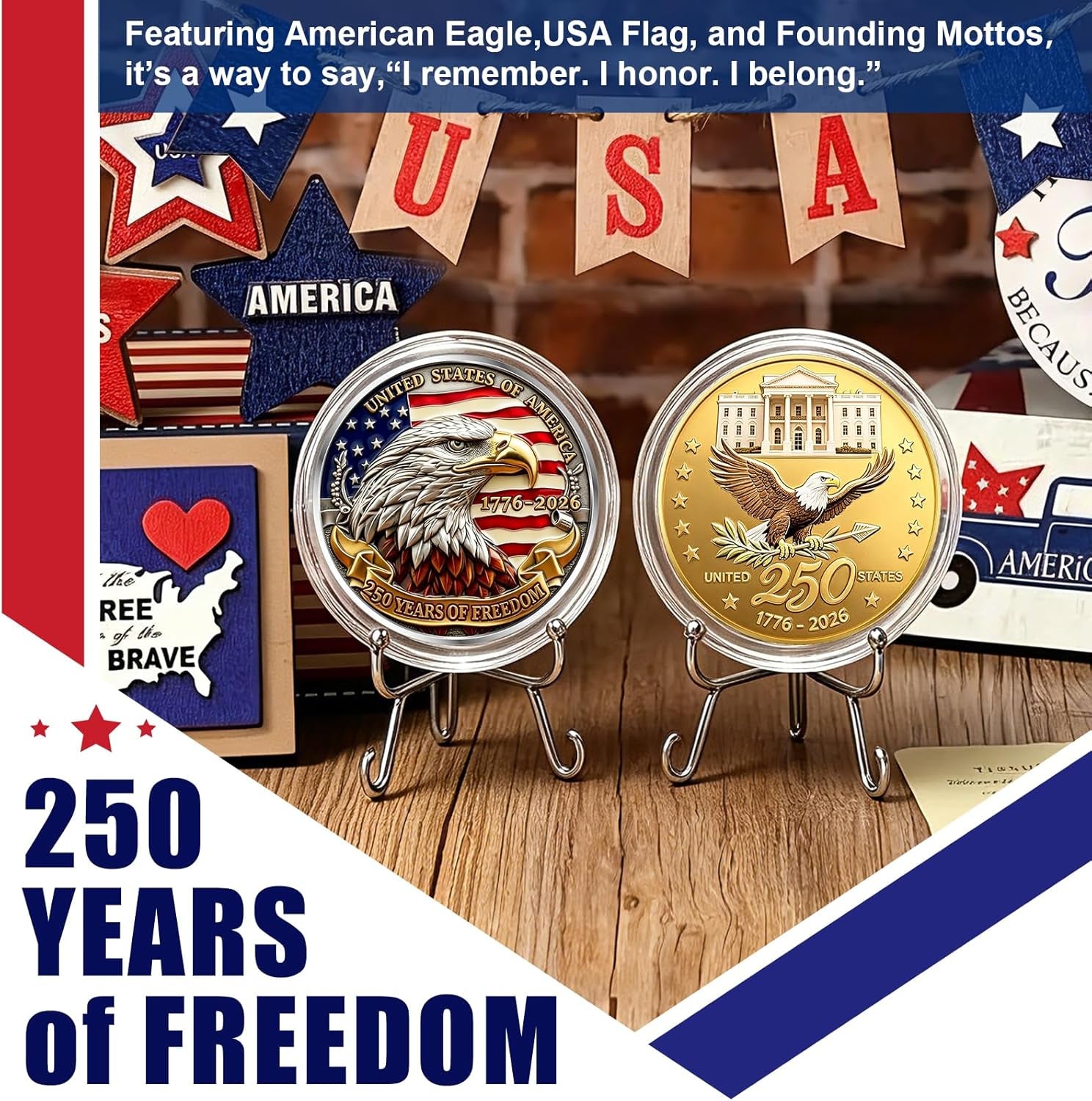 America 250Th Anniversary Commemorative Coins, 250 Year American Anniversary Coin USA Eagle & Patriotic Symbols, America 250 Merchandise and Collectors (2 Pcs,Style 2)
