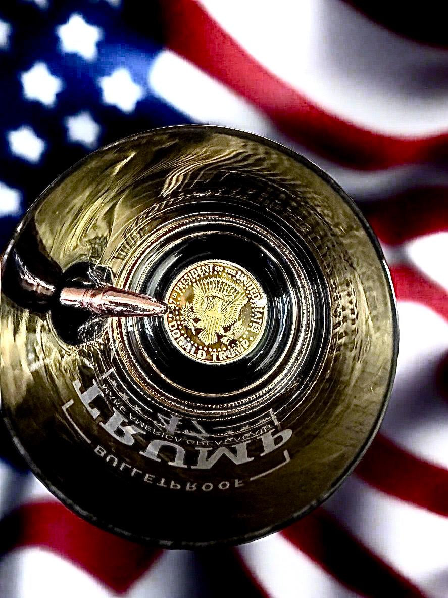 Limited Edition Luxury Rare 2 in 1 President Trump Memorabilia Coin and Bullet Embedded Whiskey Glass