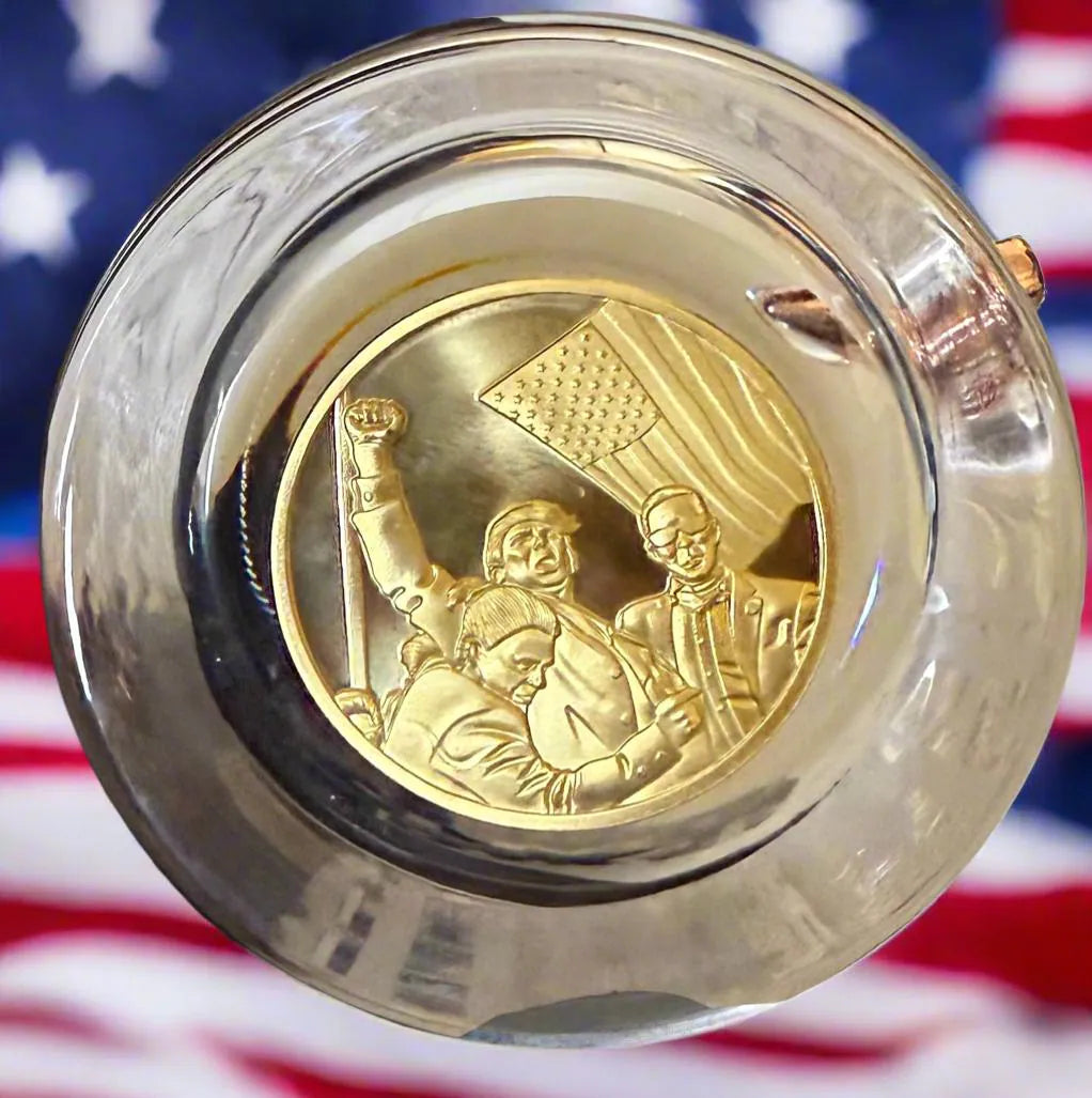 Limited Edition Luxury Rare 2 in 1 President Trump Memorabilia Coin and Bullet Embedded Whiskey Glass