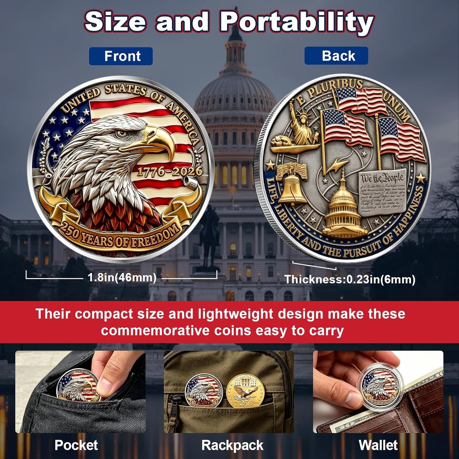 America 250Th Anniversary Commemorative Coins, 250 Year American Anniversary Coin USA Eagle & Patriotic Symbols, America 250 Merchandise and Collectors (2 Pcs,Style 2)