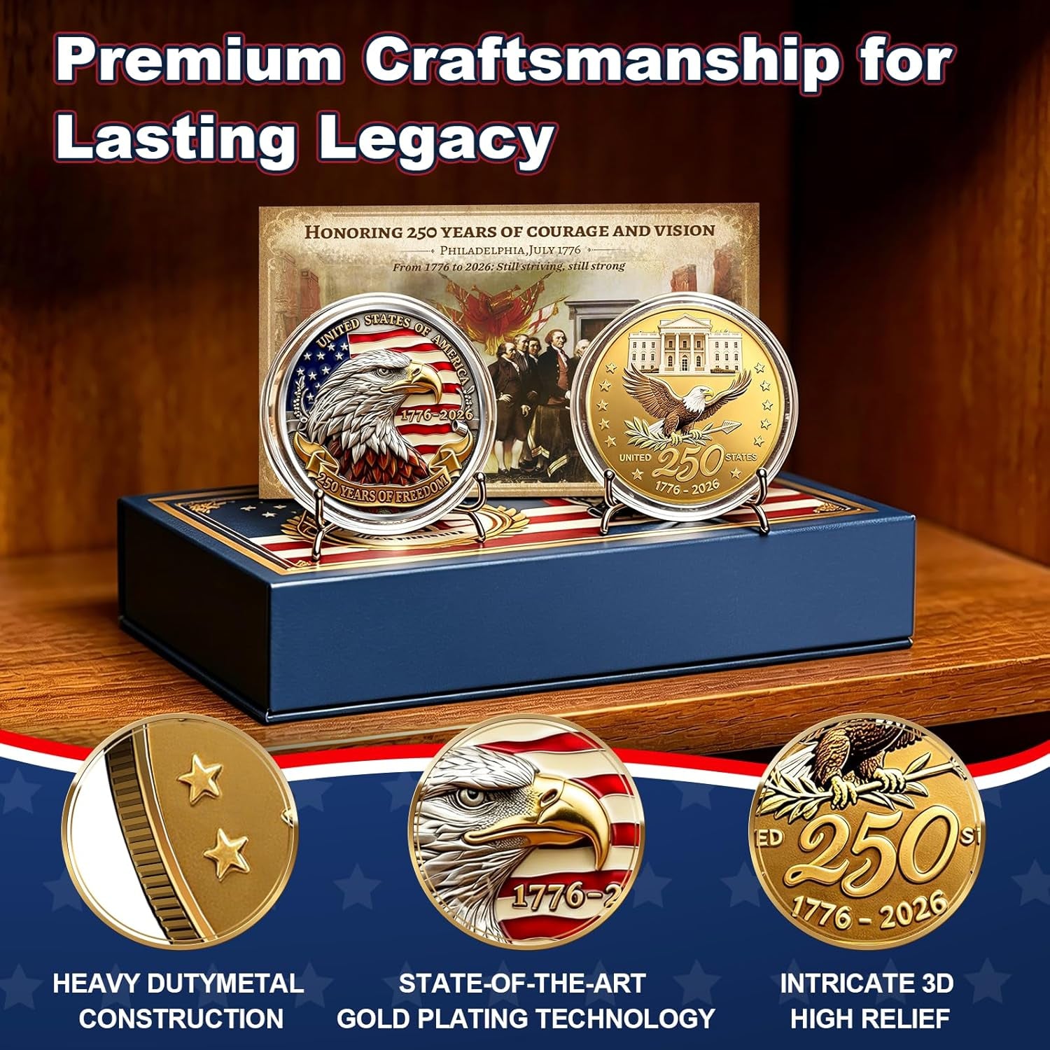 America 250Th Anniversary Commemorative Coins, 250 Year American Anniversary Coin USA Eagle & Patriotic Symbols, America 250 Merchandise and Collectors (2 Pcs,Style 2)