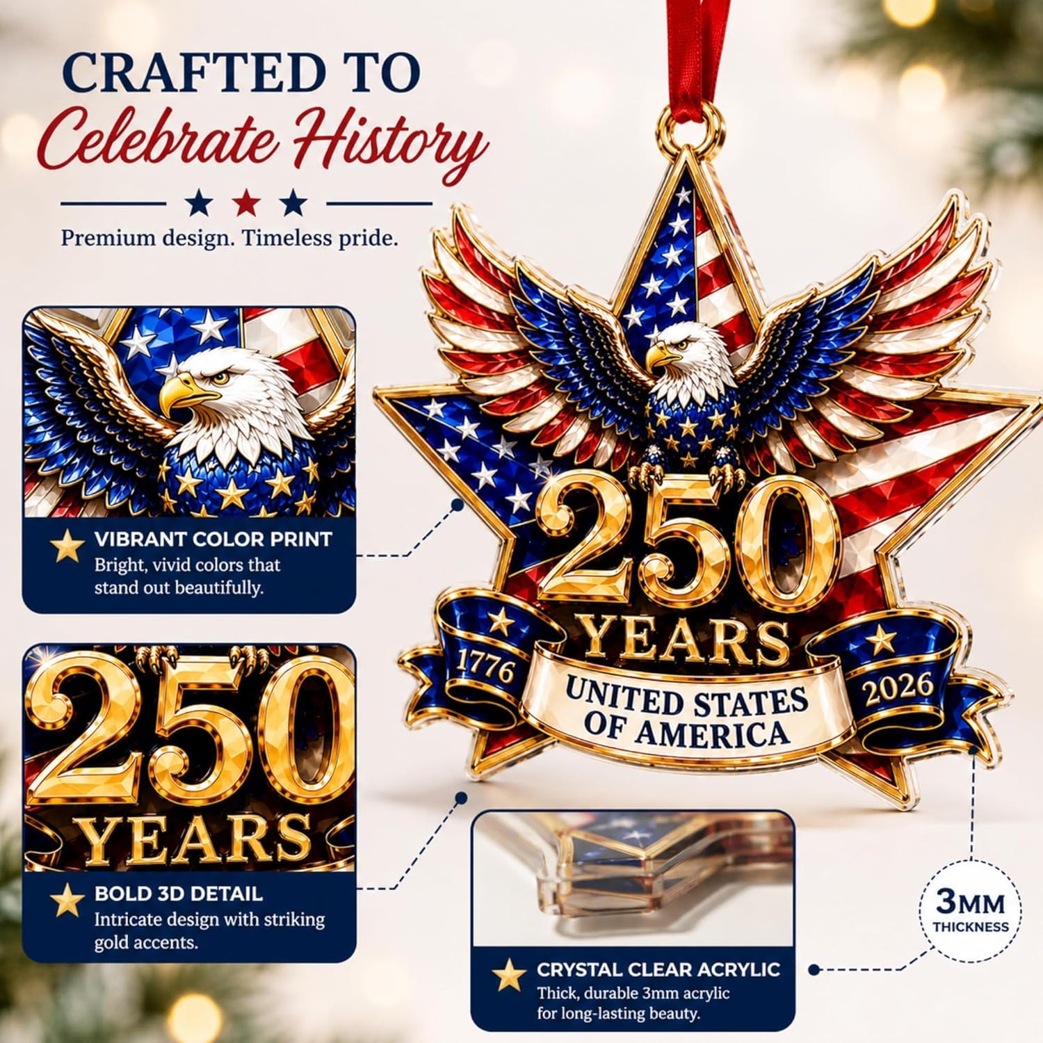 250 Anniversary USA Ornament, 2D Acrylic America 250 Merchandise, America 250Th Anniversary Christmas Ornament, Fourth of July Decorations, Patriotic Decor, America 250Th Birthday Gifts