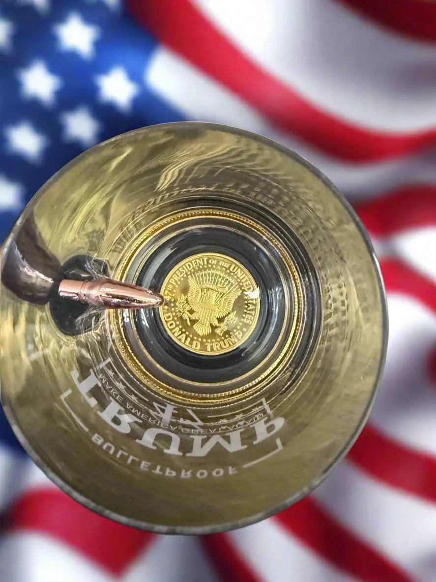 Limited Edition Luxury Rare 2 in 1 President Trump Memorabilia Coin and Bullet Embedded Whiskey Glass