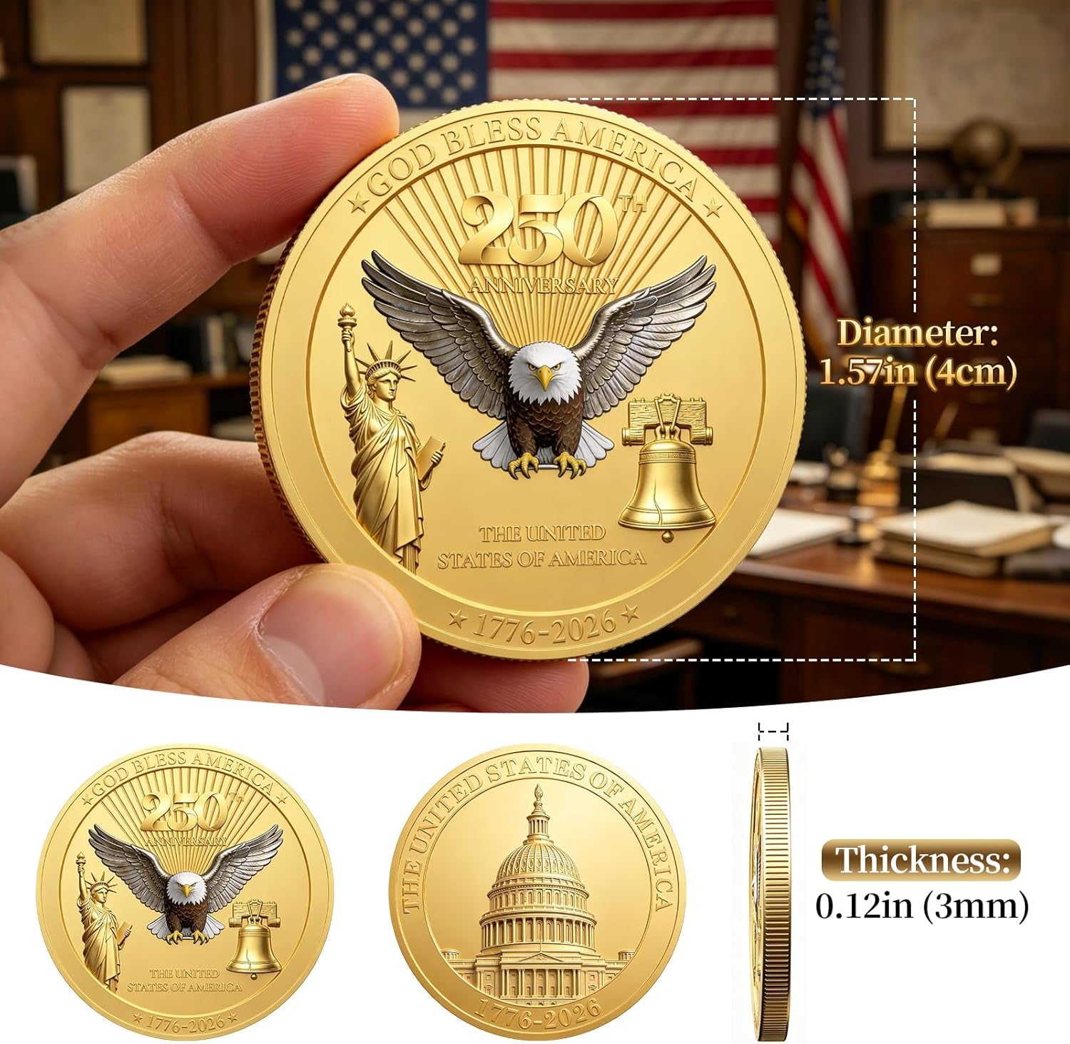 250 Anniversary Coin America 250 Anniversary USA Merchandise 1776-2026 Coins 250Th Commemorative Coin 250 Years of Freedom Challenge Coins Ideal Collectible, 1 Pc