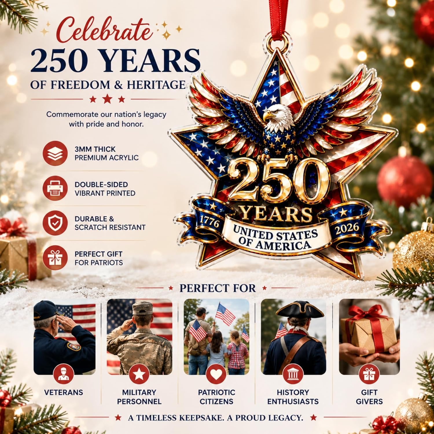 250 Anniversary USA Ornament, 2D Acrylic America 250 Merchandise, America 250Th Anniversary Christmas Ornament, Fourth of July Decorations, Patriotic Decor, America 250Th Birthday Gifts