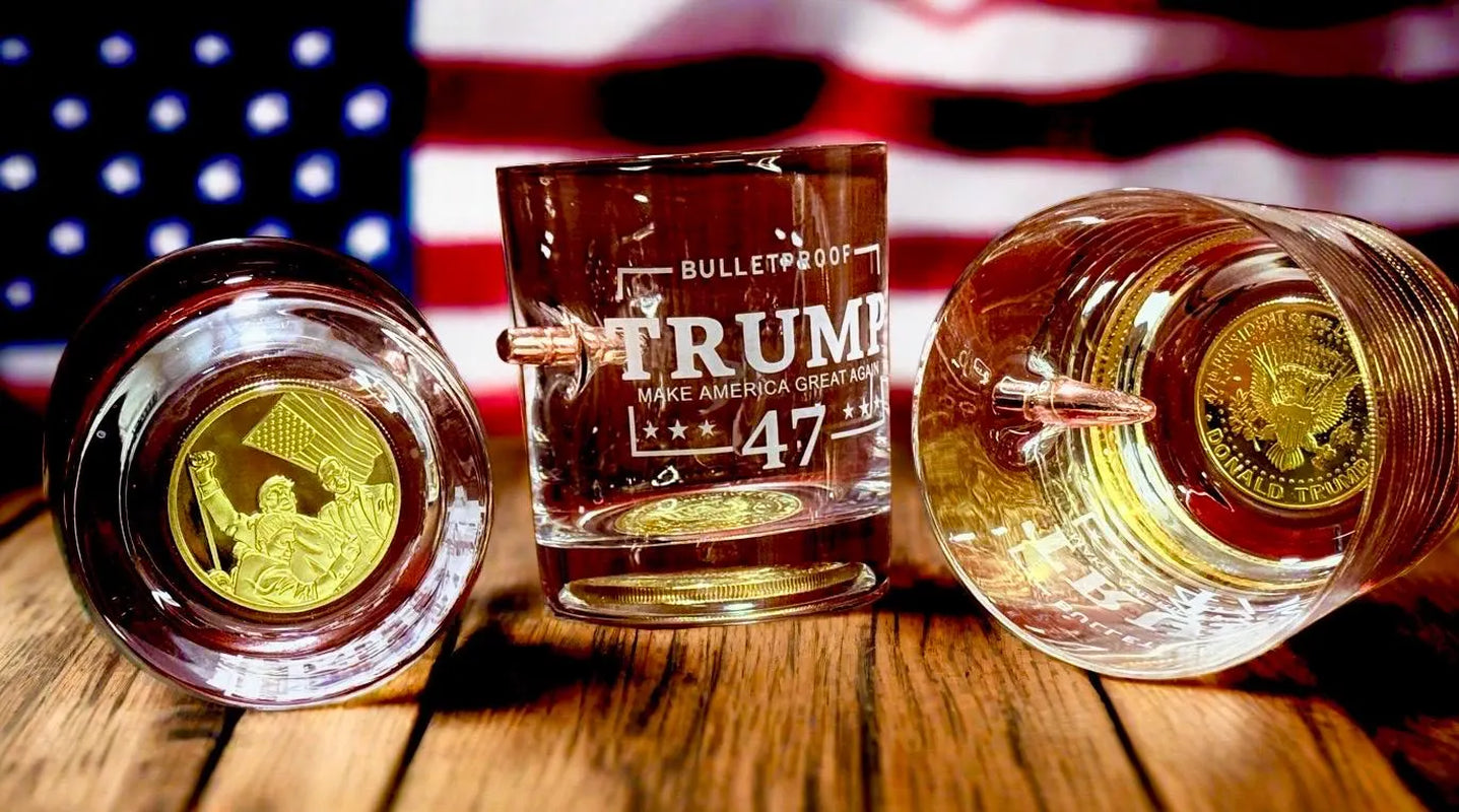 Limited Edition Luxury Rare 2 in 1 President Trump Memorabilia Coin and Bullet Embedded Whiskey Glass