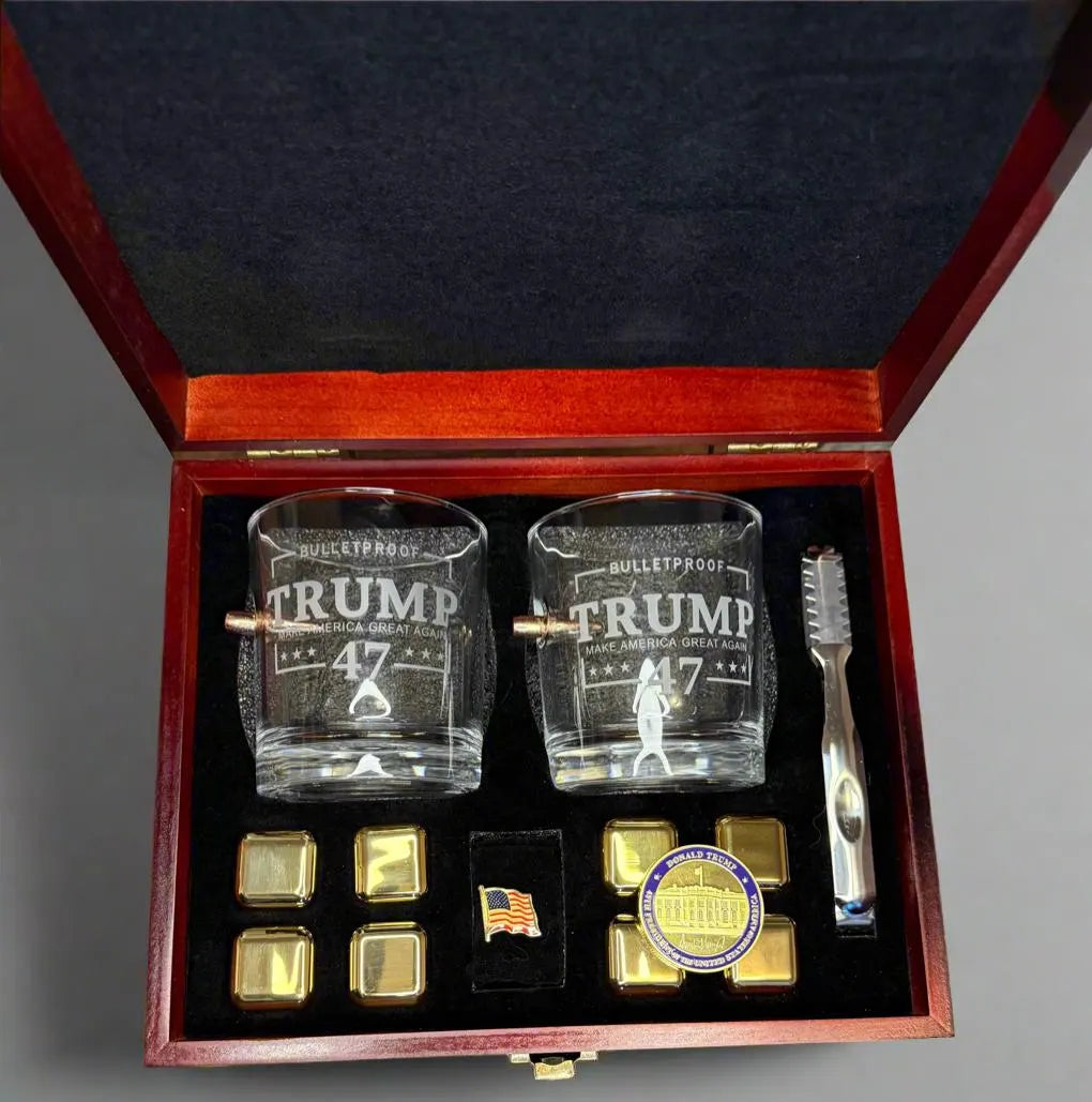 Limited Edition Luxury Rare 2 in 1 President Trump Memorabilia Coin and Bullet Embedded Whiskey Glass