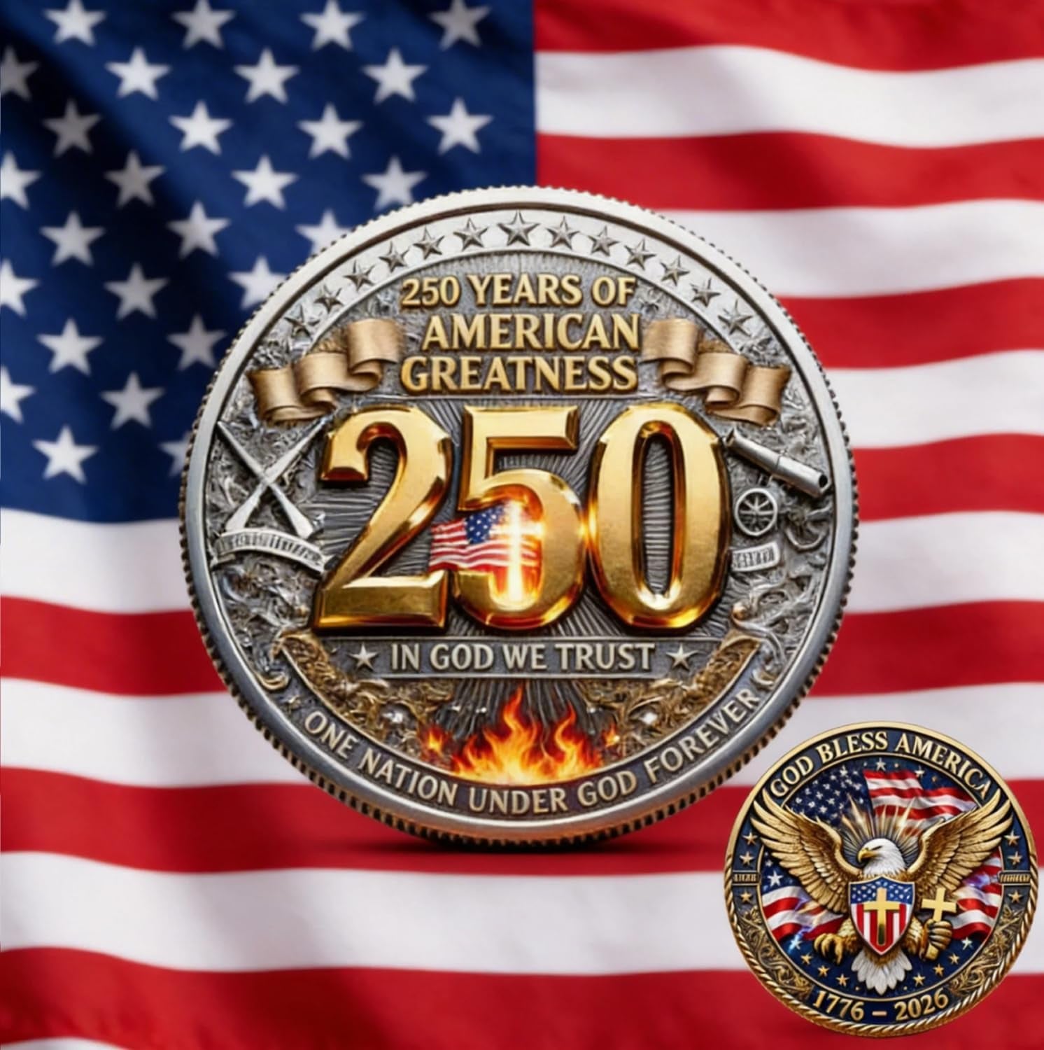 3 Pcs 250Th Anniversary Coin Set God Bless America Collectible 250 Year Merchandise Patriotic Commemorative Coin 1776-2026 Independence Day Freedom and Faith Keepsake 4Th of July Gift
