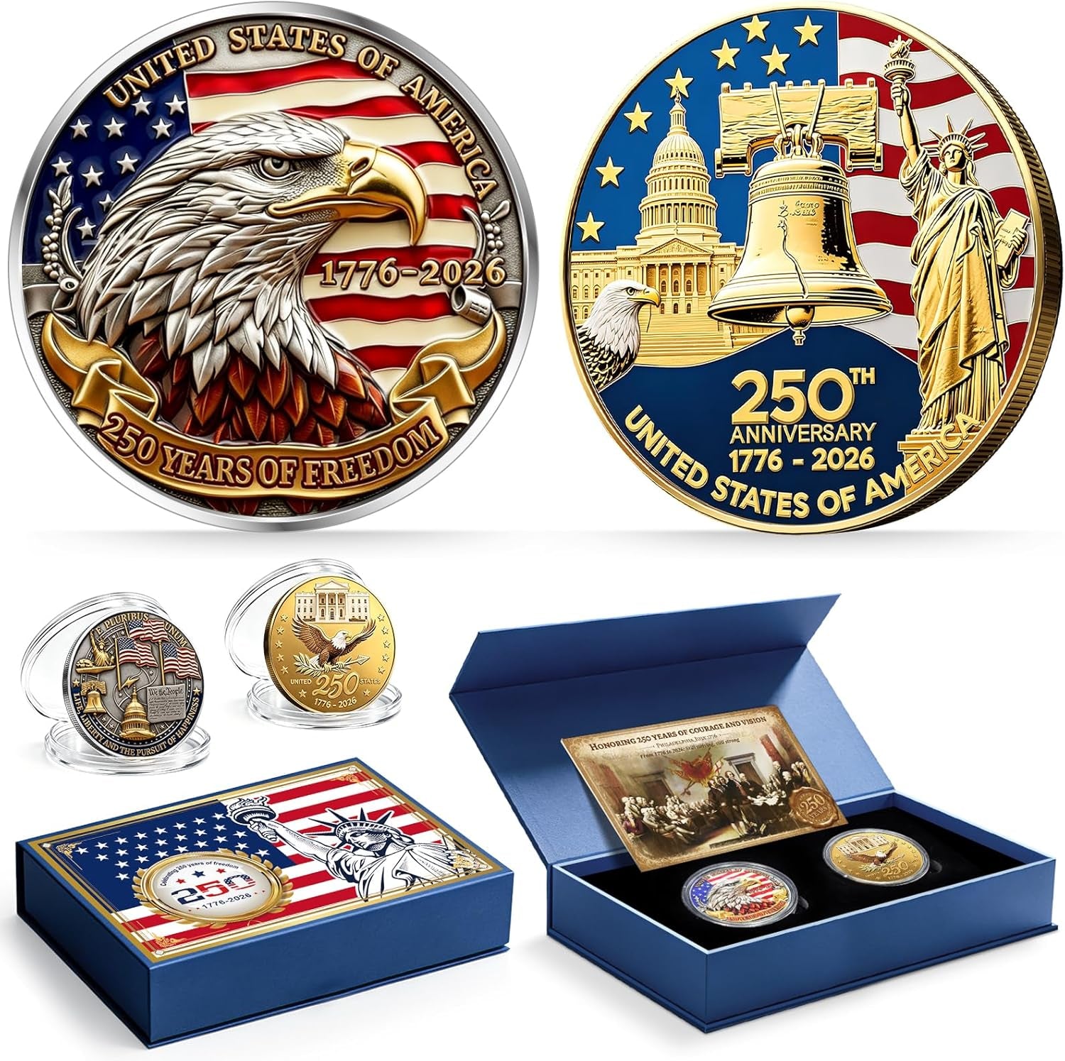 America 250Th Anniversary Commemorative Coins, 250 Year American Anniversary Coin USA Eagle & Patriotic Symbols, America 250 Merchandise and Collectors (2 Pcs,Style 2)