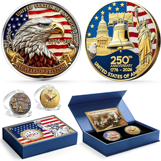 America 250Th Anniversary Commemorative Coins, 250 Year American Anniversary Coin USA Eagle & Patriotic Symbols, America 250 Merchandise and Collectors (2 Pcs,Style 2)