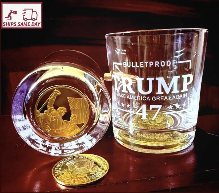 Limited Edition Luxury Rare 2 in 1 President Trump Memorabilia Coin and Bullet Embedded Whiskey Glass