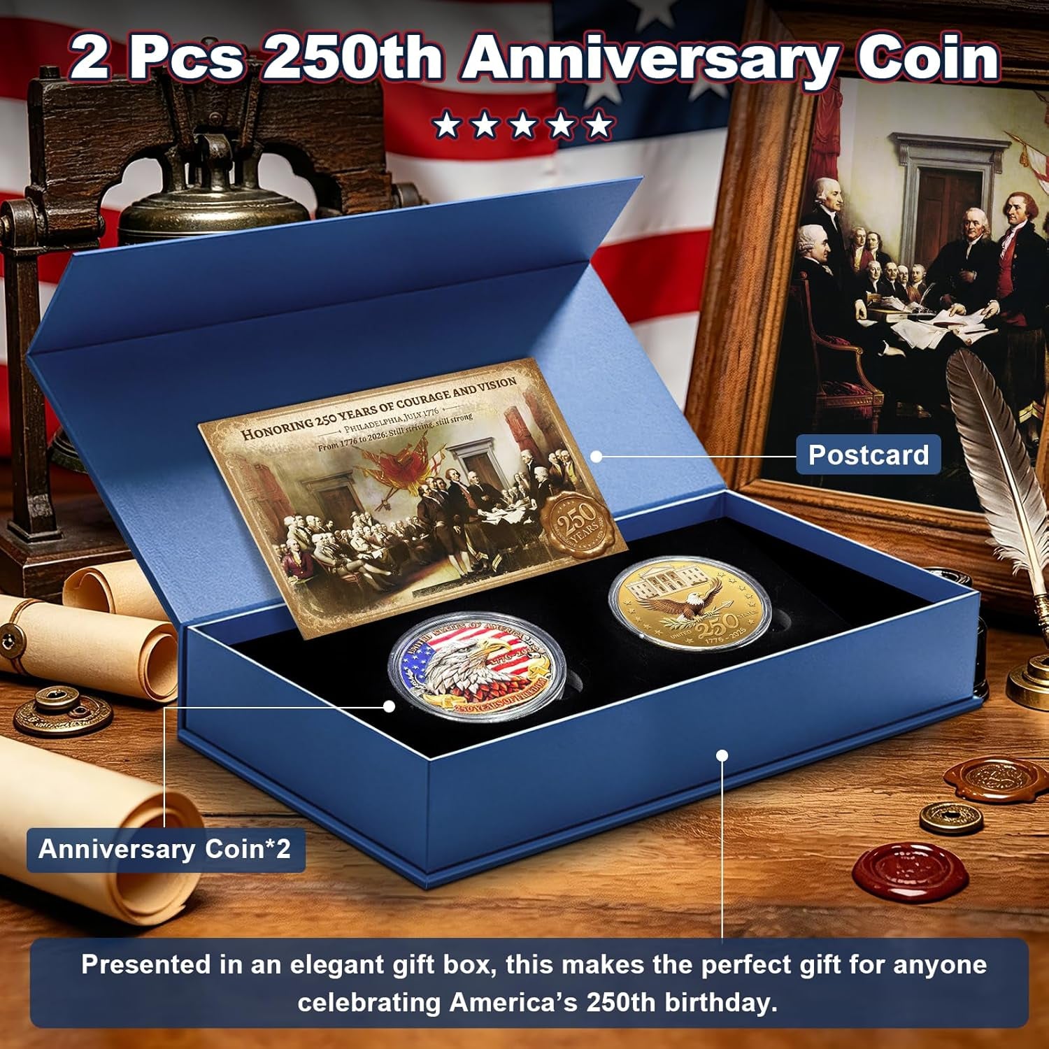 America 250Th Anniversary Commemorative Coins, 250 Year American Anniversary Coin USA Eagle & Patriotic Symbols, America 250 Merchandise and Collectors (2 Pcs,Style 2)