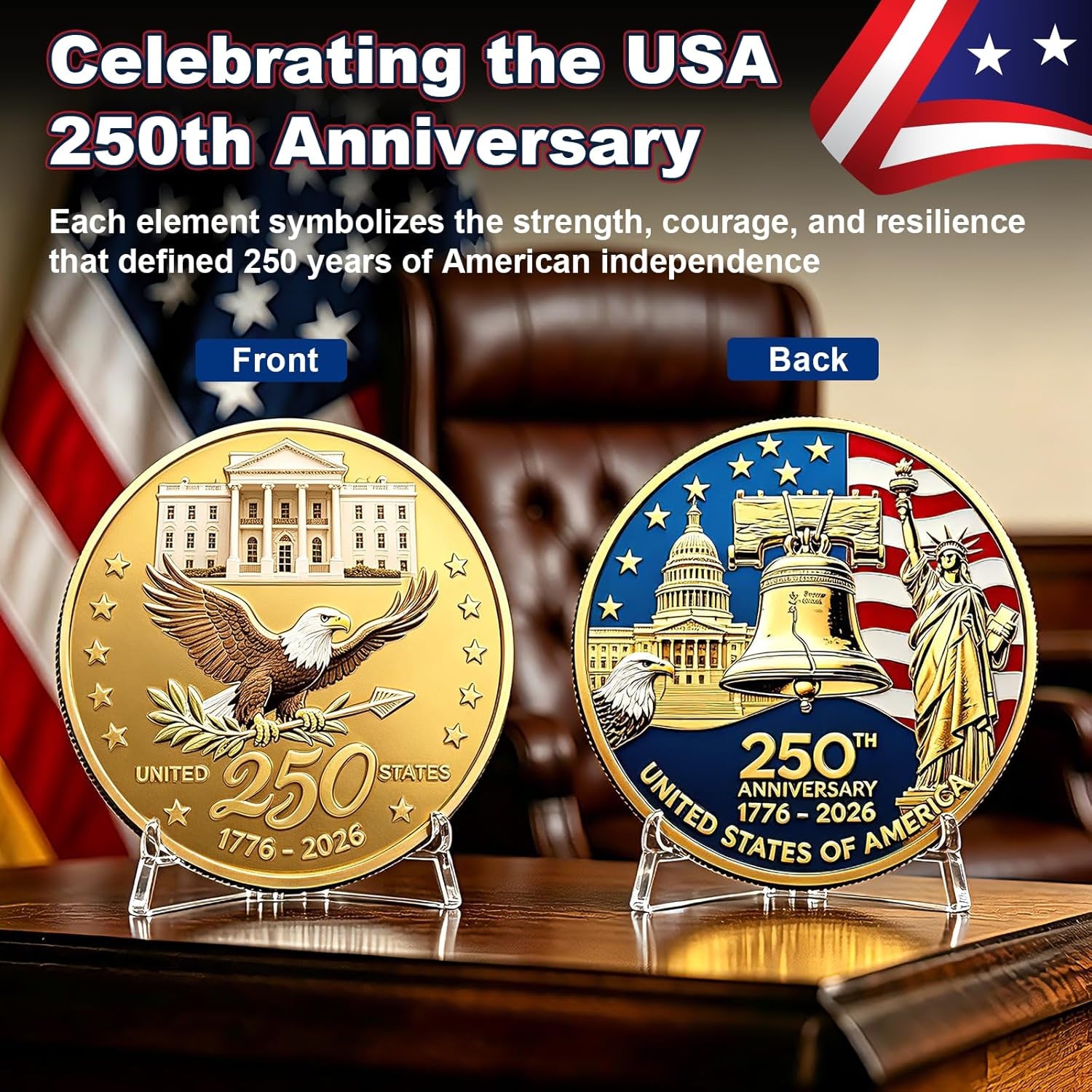 America 250Th Anniversary Commemorative Coins, 250 Year American Anniversary Coin USA Eagle & Patriotic Symbols, America 250 Merchandise and Collectors (2 Pcs,Style 2)