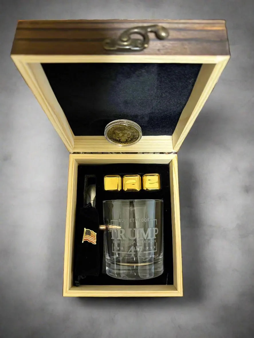 Limited Edition Luxury Rare 2 in 1 President Trump Memorabilia Coin and Bullet Embedded Whiskey Glass