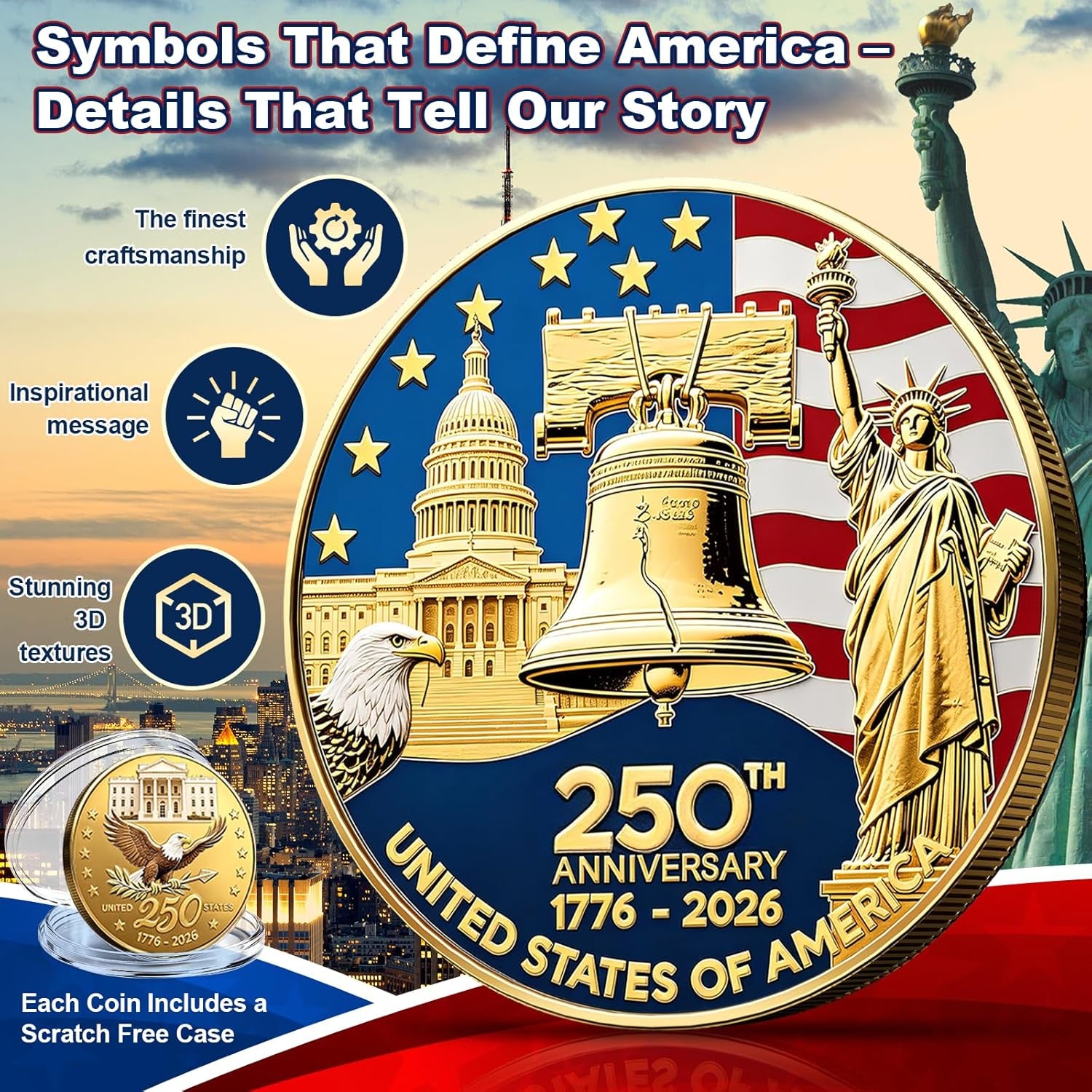 America 250Th Anniversary Commemorative Coins, 250 Year American Anniversary Coin USA Eagle & Patriotic Symbols, America 250 Merchandise and Collectors (2 Pcs,Style 2)