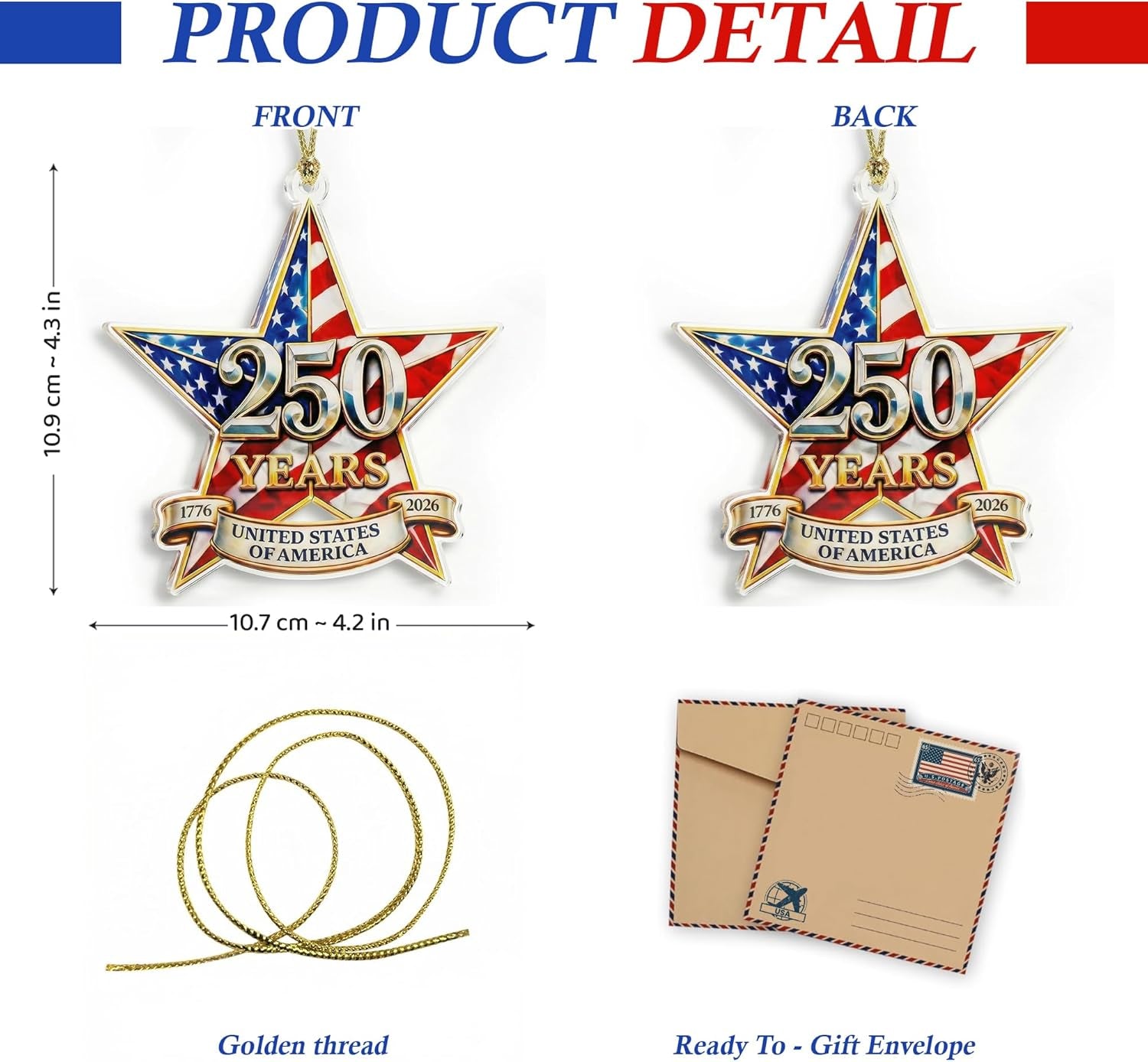 250 Anniversary USA Ornament - America 250 Merchandise - Fourth of July Decorations - America 250 Decorations - 4Th of July Ornaments - 250Th Anniversary USA Gift